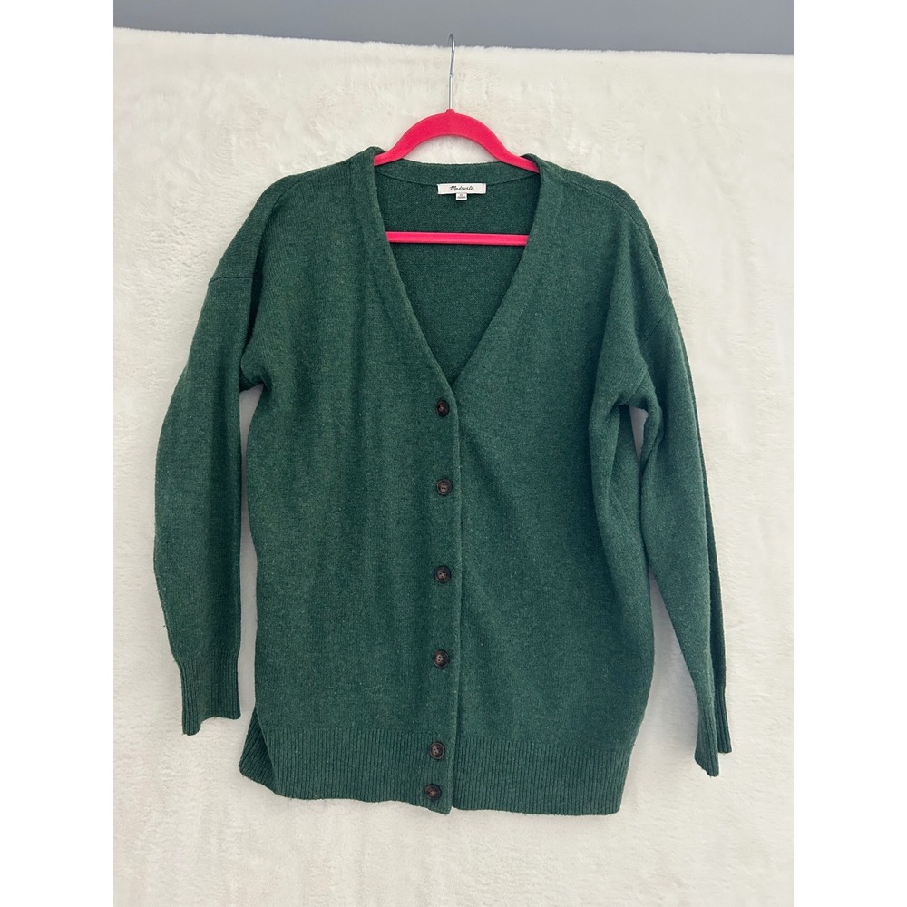 Madewell Cardigan Sweater Womens XS Green Merino Wool Blend V-Neck Knit Button